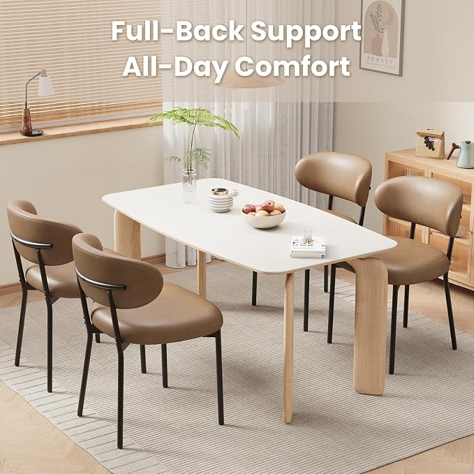 Upholstered Dining Chairs Set of 4, Modern Faux Leather Kitchen Chairs with Curved Backrest and Cushioned Seat, Sturdy Metal Legs, Modern Dining Chairs for Kitchen Dining Room, Living Room,Brown