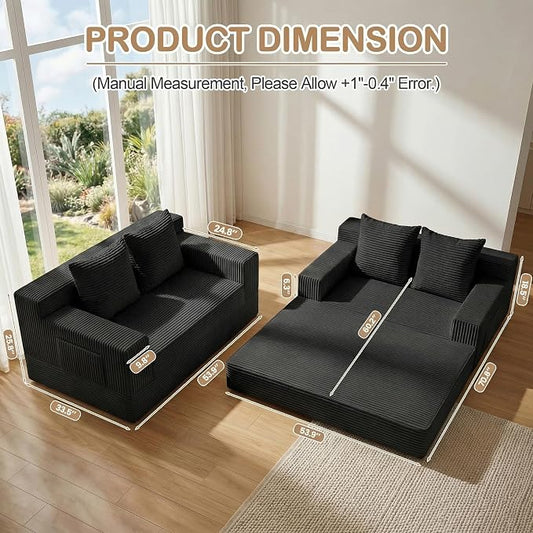Boneless Loveseat Small Couch Bed, Futon Sleeper Sofa Bed,Convertible Pull Out Couch with 2 Pillows,Corduroy Folding Floor Couch for Living Room,No Assembly Required,Black