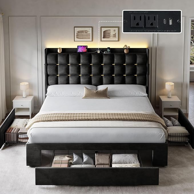 YITAHOME Queen Size Bed Frame with 3 Storage Drawers and RGB LED Lights, Velvet Upholstered Bed with Charging Station and Storage Headboard, No Box Spring Needed, Easy Assembly, Noise-Free, Black