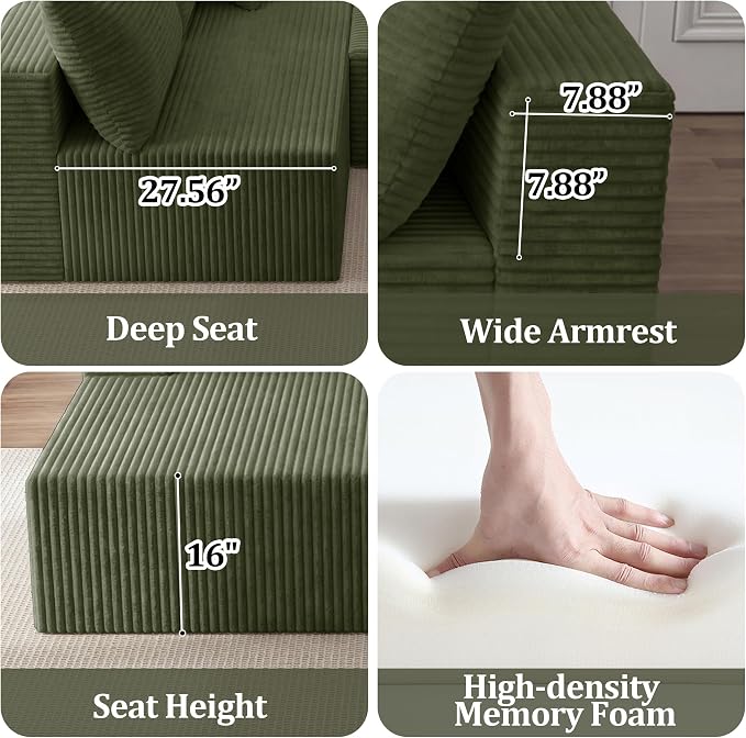 118" Modular Sectional Sofa with Chaise and Ottoman, Oversized U-Shaped Corduroy Cloud Couch, Deep Seat Boneless Couch for Living Room, No-Assembly - Green (Right Facing Chaise)