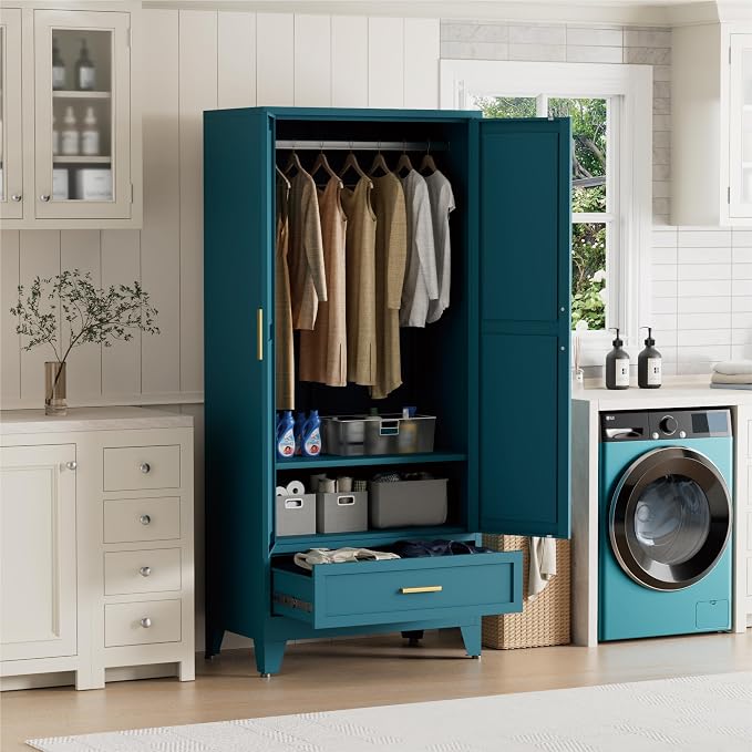 Blue Metal Wardrobe Closet for Bedroom, 71" Freestanding Armoire Wardrobe with Drawer and Shelf, Hanging Rod Clothing Storage Cabinet with Two Doors, Tall Farmhouse Clothes Cabinet Bedroom Armoires