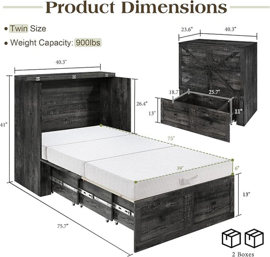 LUXOAK Twin Murphy Bed with 6" White Tri-Fold Memory Foam Mattress, Storage Drawer & Charging Station, Space-Saving Design for Home Office or Guest Room, Black Oak