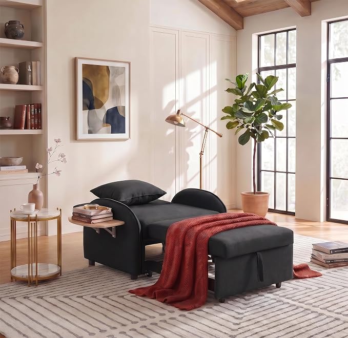 3-in-1 Convertible Sleeper Bed, Pull Out Single Sofa Bed with Adjustable Backrest, Foldable Recliner Sofa with Side Table & USB Port, Sleeper Chair for Living Room, Home Office, Black