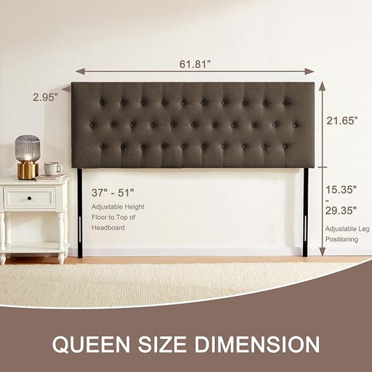 Tufted Upholstered Headboard Queen Size, Adjustable Height 37- 51 in, Brown | Sturdy and Durable Solid Wood Bed Headboard, Fabric Queen Headboard Only, Modern Button Diamond Design Head Board
