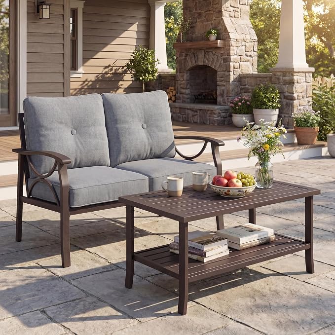 FansaFurn 2-Pieces Outdoor Patio Furniture Set, Outdoor Metal Sectional Furniture with Cushions, Outdoor Conversation Set with Coffee Table for Deck, Backyard, Garden, Balcony, Grey
