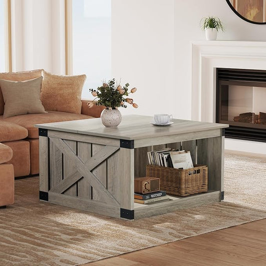 WLIVE Coffee Table, Farmhouse Coffee Table with Open Storage, 31.5" Wood Square Living Room Tables, Rustic Dining Cocktail Center Table for Living Room, Greige
