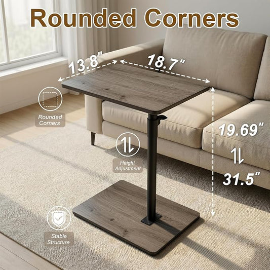 YUHFERA Sofa Armrest Tray Table for Couch - 360 Swivel Height Adjustable C Shaped End Table for Small Spaces, Snack Side Table for Bed or Chair with Phone & Tablet Slot (Gray, Enlarged)