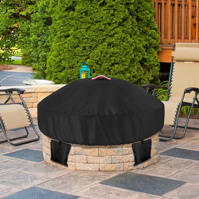 Outdoor Round Built in Stone Fire Pit Cover,Heavy Duty 600D Waterproof Cover for 50In-57In Fire Pit with Spark Screen,All-Weather Protection Round Fire Pit Cover for In Ground Brick Fire Pit,Black