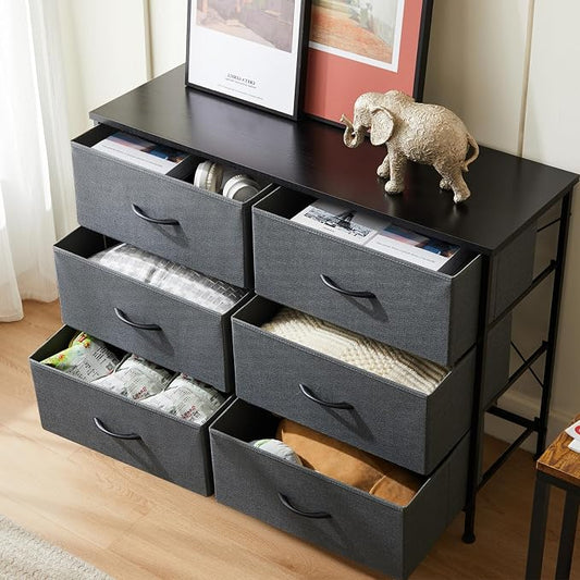 DUMOS Bedroom Dresser for Closet, Fabric Dresser, Chest of 6 Drawers | Storage Organizer, Small Space TV Stand for Living Room, Anti-tip and Wooden Top, Home Furniture, Grey