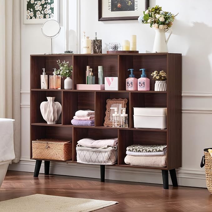 LEYAOYAO 10 Cube Bookshelf, 3 Tier Vintage 55" Wide Bookcase with Legs, Mid-Century Wood Bookshelves Storage, Walnut Large Book Case, Freestanding Organizer Display Shelf for Living Room, Office