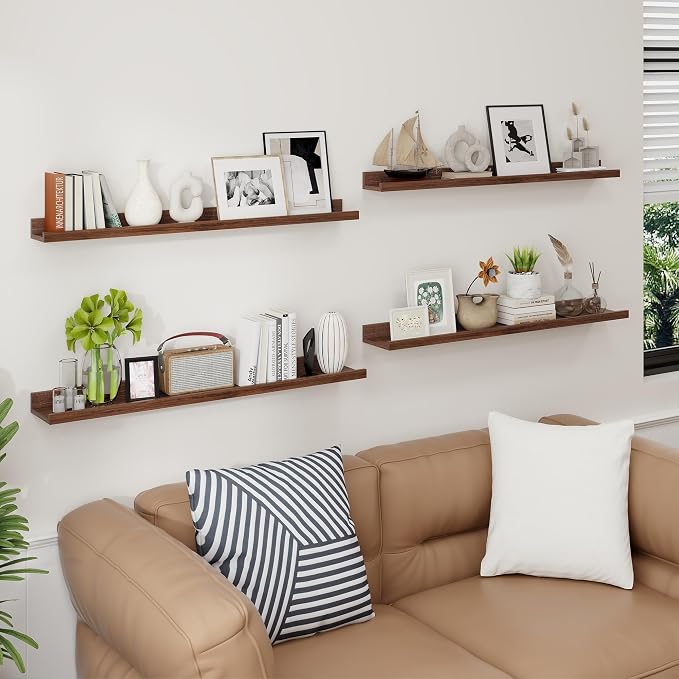 Axeman Picture Ledge Shelf | 36 Inch Walnut Floating Shelves Set of 4 | Rustic Wood Wall Shelves with Lip | 36" Walnut Picture Shelves for Wall with Ledge | Photo Shelves