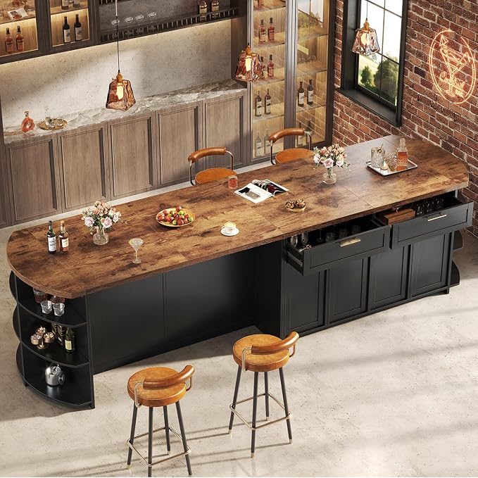 HSH 63 Inch Large Kitchen Island with Storage and Seating, Rustic Brown | Stationary Island Table with Storage Drawers, Cabinets, Oval Open Shelves, Wood Counter Prep Island for Kitchen Dining Room