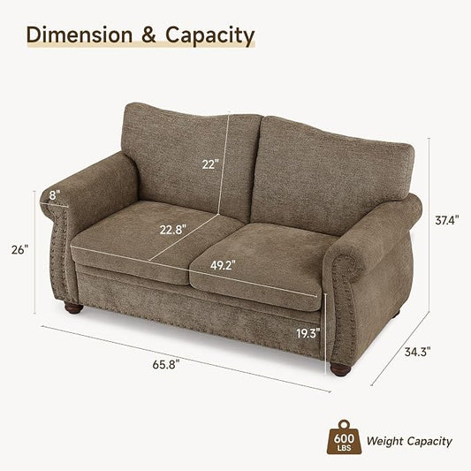 ONBRILL Nailhead Sofa, 66 Inch Small Couch with Rolled Arms, Chenille Fabric Loveseat w/Springs Seat Cushion, Vintage Curved Back, Turned Wood Legs, Comfy Couch for Living Room, Farmhouse, Brown