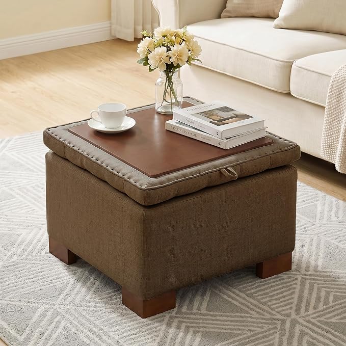24 Inch Square Storage Ottoman Coffee Table, Modern Tufted Upholstered Ottoman with Flip Tray and Solid Wood Legs, Suitable for Living Rooms, Linen Brown