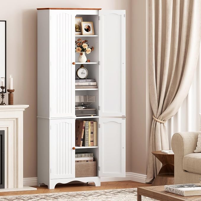 Function Home 72" Kitchen Pantry Cabinet, Freestanding Storage Cabinets, Tall Food Pantry with Doors and Adjustable Shelves, Utility Floor Cabinet for Kitchen Dining Room Living Room, White