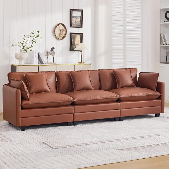 111'' Sectional Cloud Deep Seat Couch, Modern Comfy Leather Modular Sectional Sofa for Living Room Set, Upholstered Modular 3-Seats Sofa Couch, Leather Brown
