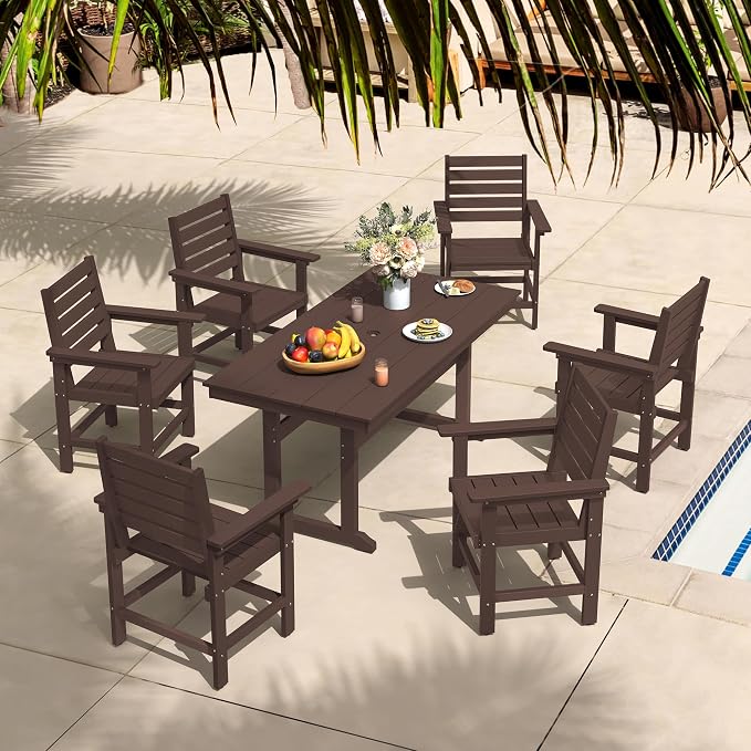 7 Piece Patio Dining Set, 66" Rectangle HDPS Weather Resistant Outdoor Table & 6 Patio Chairs Set with 1.96" Umbrella Hole, Heavy Duty Chairs for Backyard Deck, Dark Brown