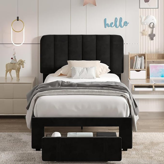 VECELO Twin Size Upholstered Bed Frame with Drawer and Headboard, Velvet Platform Storage Bedframe, Wooden Slats Support, No Box Spring Needed,Black