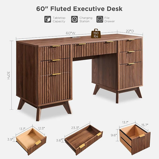 T4TREAM Fluted Executive Desk with Drawers, 60" Modern Home Office Computer Desk with Charging Station, File Cabinet, Keyboard Tray and Storage Cabinet for Study, Living Room, Bedroom, Light Walnut
