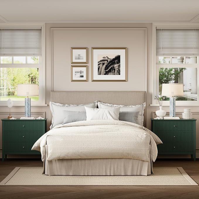 RoyalCraft 32" Large Nightstand, Fluted Painted Bedside Table with 3 Spacious Drawers, Modern Tall End Table for Bedroom, Dark Green