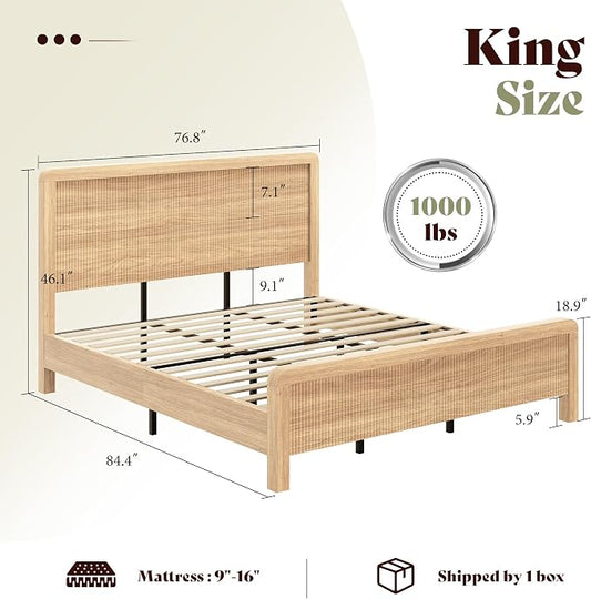 AMERLIFE 3-Piece Modern Fluted Bedroom Furniture Set, Including Wood King Size Bed Frame with Headboard & Footboard and Storage Night Stand Set of 2, Wooden Bedframe and Nightstand Sets, Natural Oak