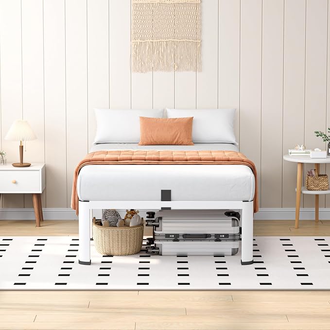 VIPSHOW 14 Inch White Twin Heavy Duty 3500 lbs Bed Frame with Round-Corner Legs & Anti-Squeak Design – Quick Assembly Metal Platform, No Box Spring Needed