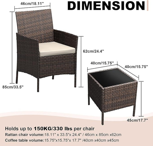 3 Pieces Patio Furniture Sets, Outdoor Wicker Furniture with Soft Cushion and Glass Coffee Table, Modern Rattan Patio Chairs Conversation Sets for Garden, Poolside, Porch, Balconies, Brown and White