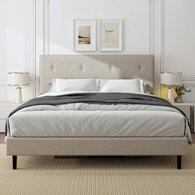 King Size Linen Bed Frame, Upholstered Platform Bed Frame with Adjustable Headboard, Wooden Slats Support, Easy Assembly, No Box Spring Needed, Beige
