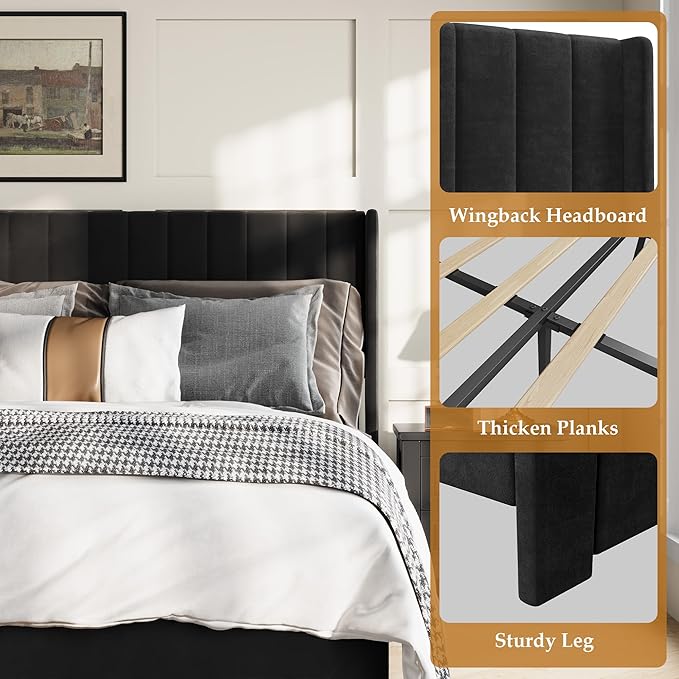 IDEALHOUSE Queen Bed Frame with Wingback Headboard, Velvet Upholstered Platform Bed with 2 Storage Drawers, Vertical Tufted Headboard Design, Wooden Slats Support, No Box Spring Needed, Black