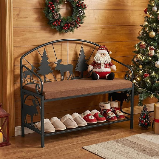 Bluecat 41.3" Entryway Shoe Bench,Rustic Metal with Forest Design, Padded Cushion Shoe Rack Bench for Hallway, Foyer, Cabin, Farmhouse Decor, Easy Assembly