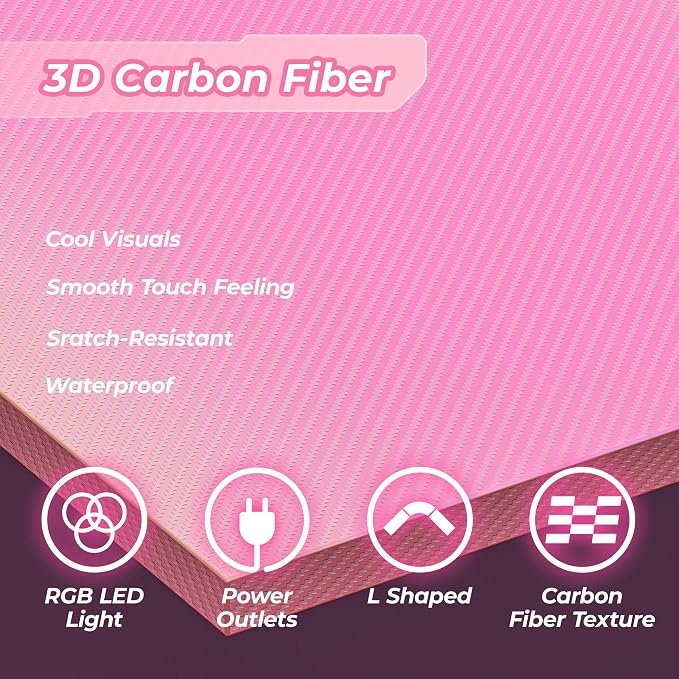 Huuger L Shaped Gaming Desk with Power Outlets & LED Lights, Computer Desk with Monitor Shelves, Carbon Fiber Surface, Home Office Desk, Corner Gaming Desk with Hooks, Carbon Fiber Pink