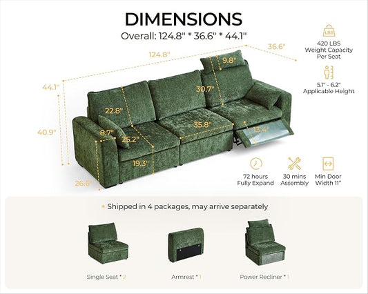 124.8'' Oversized Power Recliner Sofa with Headrest, Extra Wide Deep Modular Cloud Sectional Reclining Couch Wall Hugger, Convertible 3-Seater for RV Home Theater Living Room, Chenille, Green