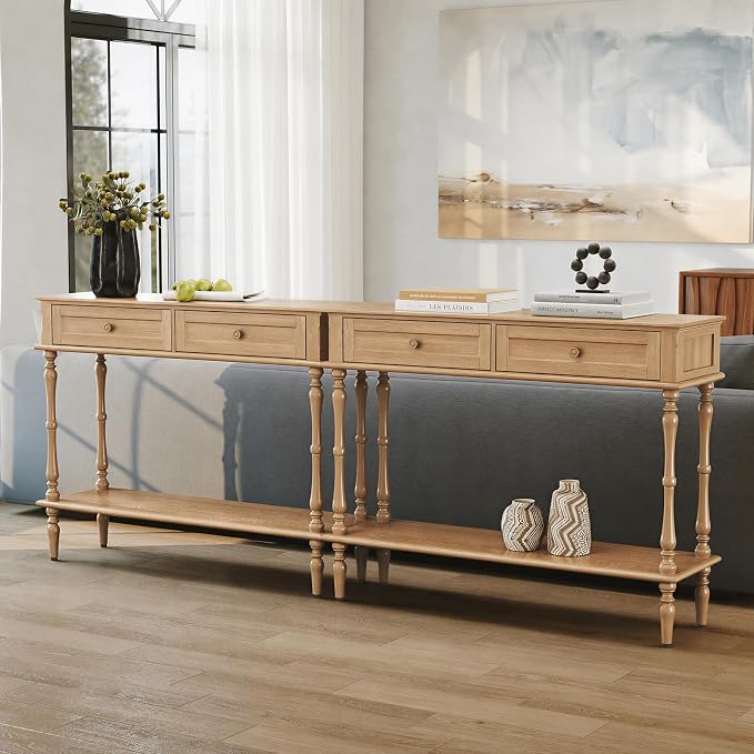 ARTPOWER Console Table for Entryway with 2 Drawers-Minimal Assembly,Retro Entryway Table with Storage Cabinets and Open Shelf,Narrow Long Couch Table Behind Sofa for Living Room,Foyer,Hallway,Natural