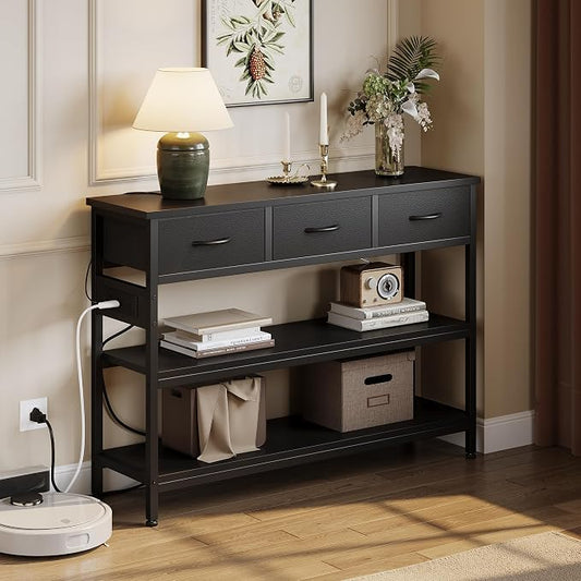Lulive Entryway Table with Outlets, 3 Fabric Drawers, 43 in Console Table | 43.3"W x 11.8"D entry table with 2 outlets, 2 USB ports, swappable plug side, adjustable feet and anti-tip kit.