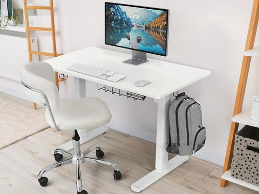 SHW 40 x 22 Inches Electric Height Adjustable Sit to Stand Desk with Hanging Hooks and Cable Management, White Frame and White Top