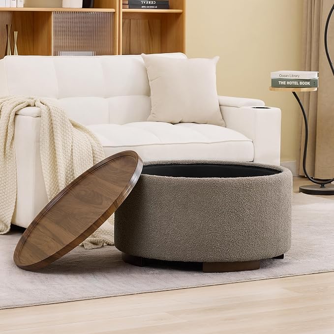 29.5 Inch Round Storage Ottoman Coffee Table,Modern Circle Coffee Table with Storage with Removable Lid Top and Solid Wood Legs,Large Round Ottoman for Bedroom,Living Room,Teddy Fleece,Brown