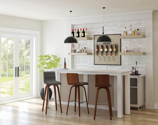 Vienna 30" Swivel Bar Stool in Walnut Wood Finish with Gray Faux Leather - Set of 2