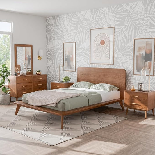 Furniture of America Wyatt Modern Solid Wood Bedroom Collection with Queen Bed Frame, Nightstands, Dresser with Mirror, No Box Spring Needed, Walnut, Standard Low Profile, 5-Piece Set