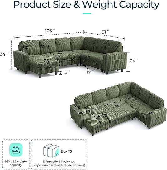 LINSY HOME Sectional Sleeper Sofa with Pull Out Couch Bed for Living Room (Green) | Plush Corduroy