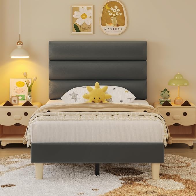 Fluest Twin Bed Frame, Platform Bed Frame with Velvet Upholstered Headboard, No Box Spring Needed, Sturdy Metal Support, Noise Free, Easy Assembly, Modern Bedroom Furniture, Grey