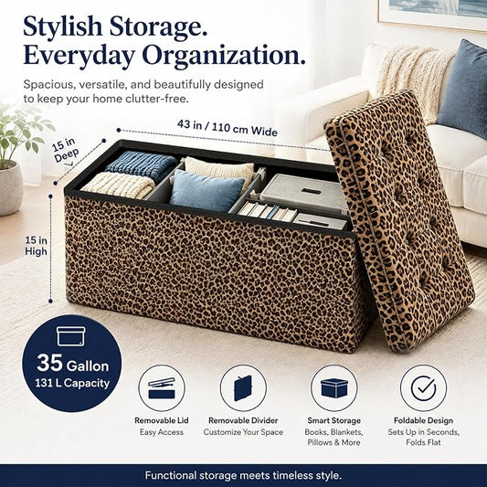 ALASDO 43 Inch Folding Storage Ottoman Bench with Hidden Storage, PU Leather Ottoman Foot Rest Stool, End of Bed Bench for Bedroom, Living Room, Entryway and Closet, Leopard Print