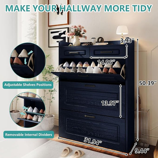 Shoe Cabinet with 3 Large Flip Drawers and 2 Storage Drawers, Narrow Shoe Organizer Cabinet Fits for Kinds of Shoes, Hidden Shoe Storage Cabinet for Entryway, Hallway, Blue