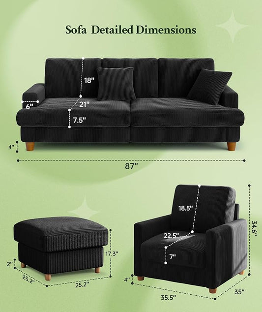 Welzona 87.2" Couches for Living Room, Comfy Sofa Set Tool-Free Setup, Corduroy Couch Set 7.5" Thicker Cushion, Accent Chair with Ottoman 848lbs Support, Sofas for Living Room Home Office, Black