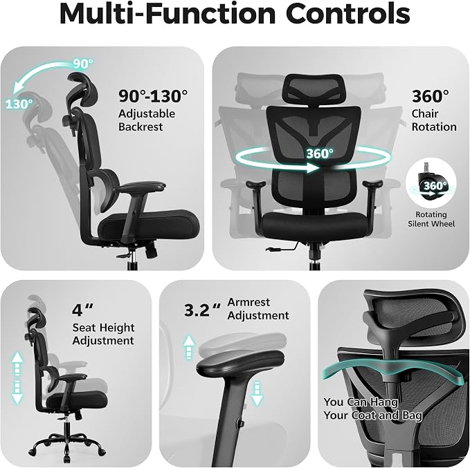 Ergonomic Office Chair High Back Desk Chair with Lumbar Support, Breathable Mesh Computer Chair with Adjustable Armrests Height, Reclining Big and Tall Gaming Chair for Home Office(Black 10Pack)