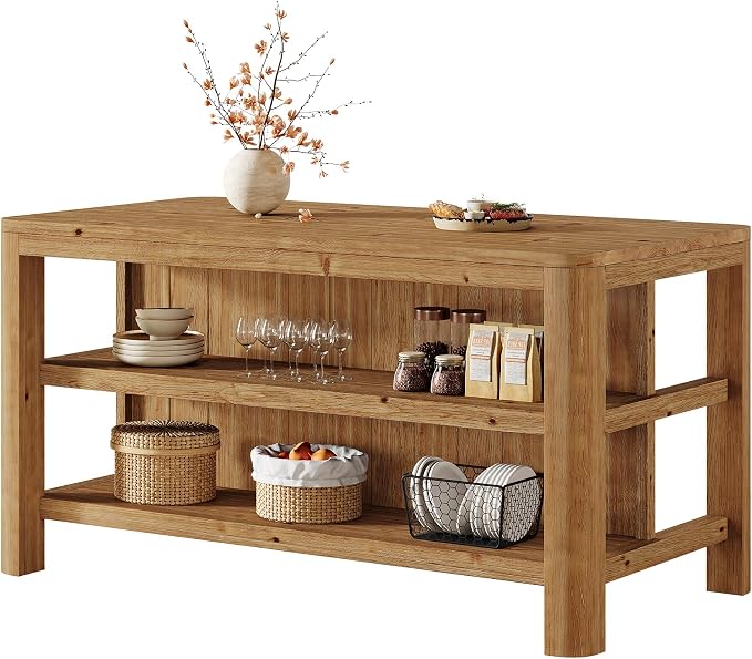 63-Inch Solid Wood Kitchen Island with Storage Shelves, Farmhouse Island Table with Seating, Counter Height Bar Table for Dining Room, Kitchen, Easy to Assemble, Natural Wood