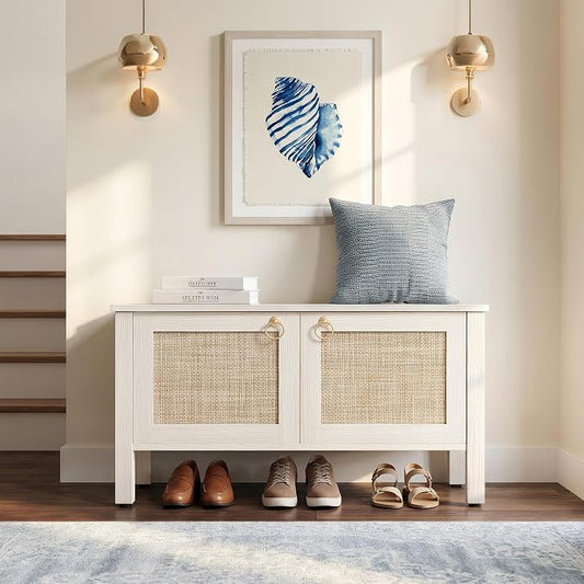 SICOTAS Rattan Storage Bench Boho Storage Chest with 2 Safety Hinges | Wood Storage Truck Box for Bedroom, Living Room, Entryway, Supports 220 lb, White Oak