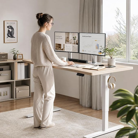 Grandder 63x32 Large Electric Standing Desk, Height Adjustable Computer Desk with 2 Memory Presets, 31.5" Deep Desktop Sit Stand Desk Home Office Desk Workstation Table with Hooks, Light Walnut