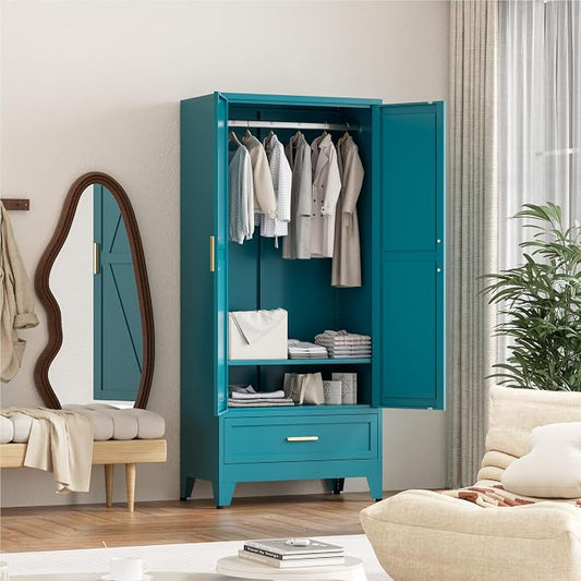 Washsemba 71'' Farmhouse Metal Wardrobe Cabinet with Hanging Rod, 2 Barn Door Wardrobe Closet with Adjustable Shelves,Drawer,for Dining Room,Bedroom,Living Room, Cloak Room,Office (Peacock Blue)