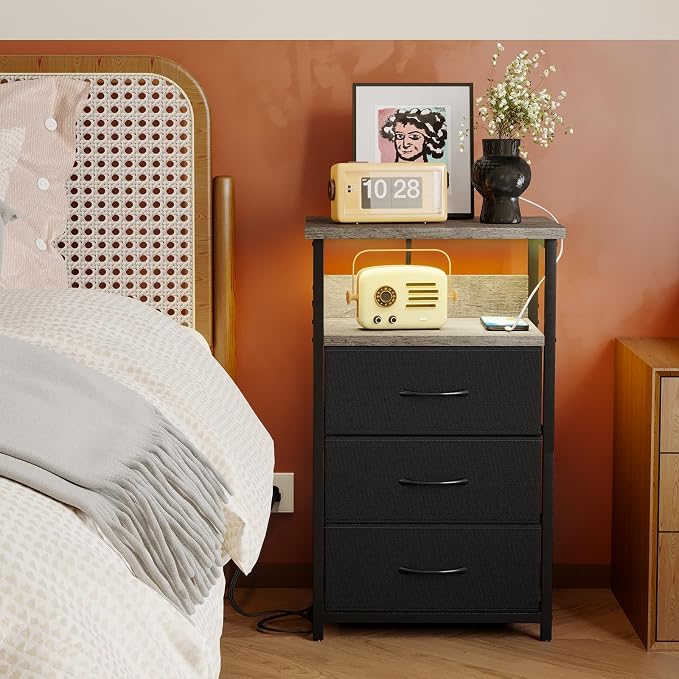 Fixwal Night Stand with Charging Station, LED Nightstand with Fabric Drawers, End Table with PU Finish, Bed Side Table, French Oak