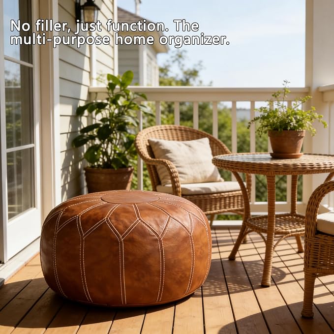 Thgonwid Unstuffed Moroccan Faux Leather Pouf Ottoman Cover with Storage - Boho Chic Multi-Use Footrest for Living Room, Bedroom, Patio - Round Ethnic Floor Cushion & Decorative Accent, Brown
